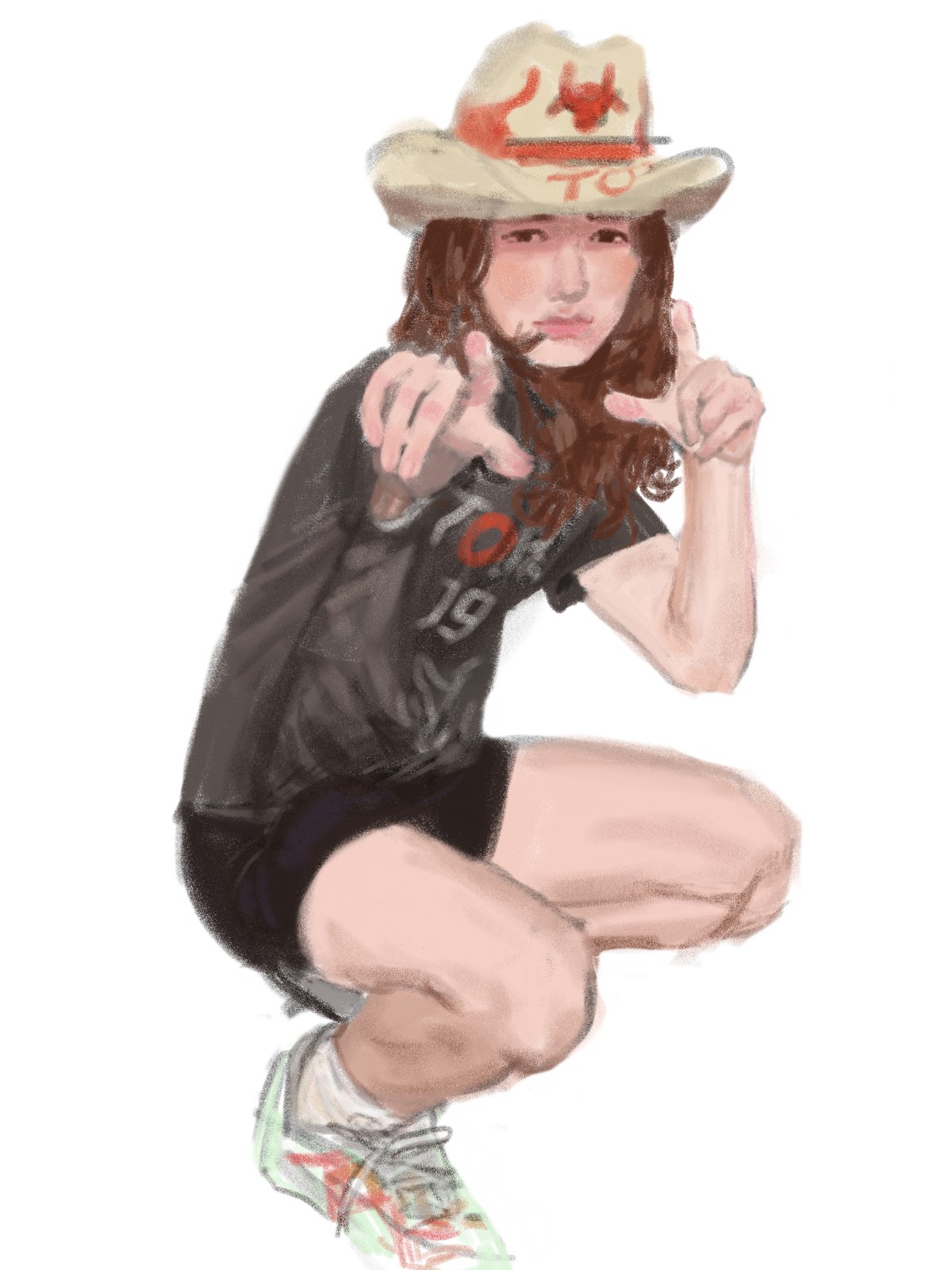 Digital painting of a girl in a cowboy hat crouching and pointing finger guns at the viewer