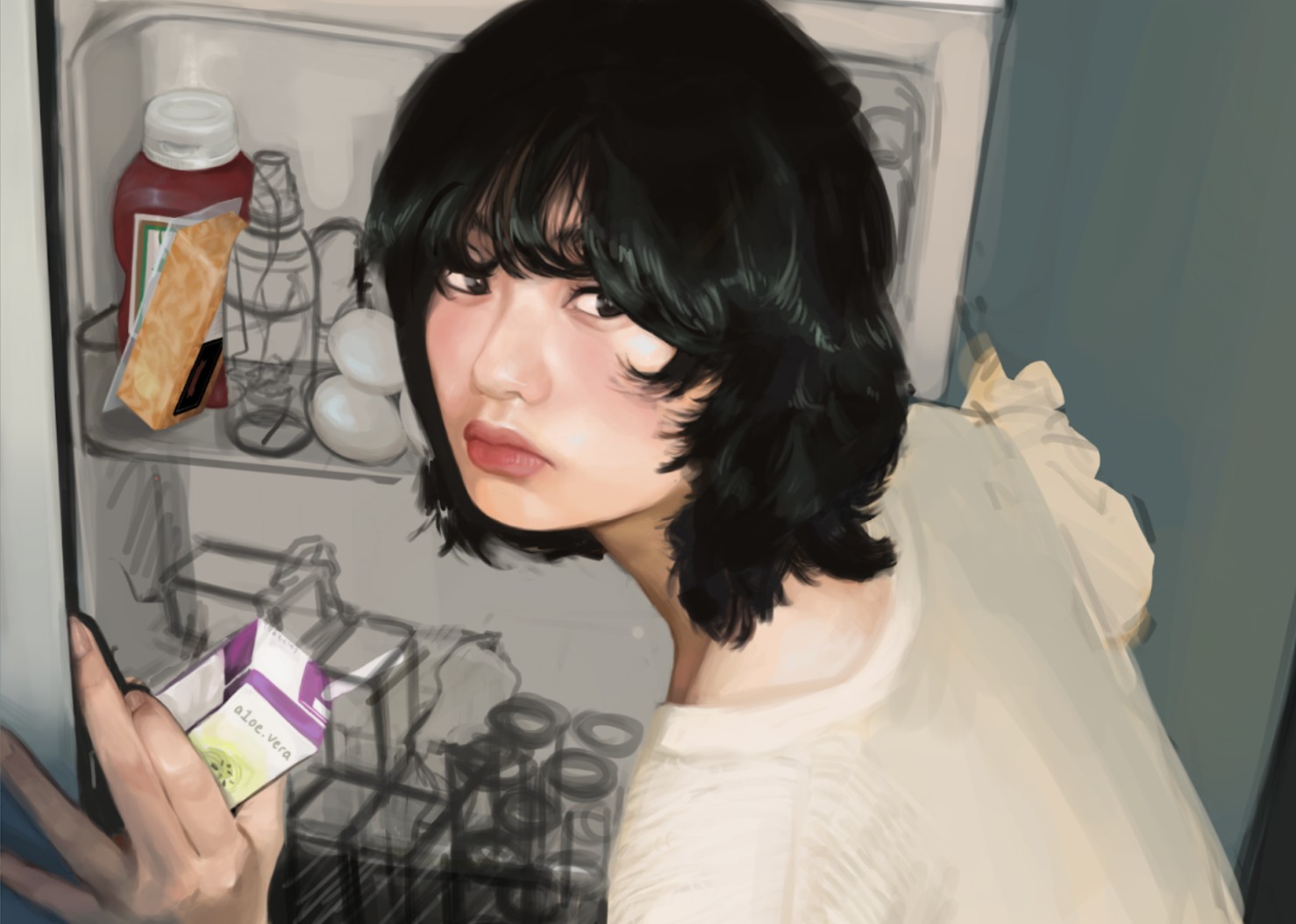 Digital painting of a girl with a black bob looking back over her shoulder from an open fridge, holding an aloe vera drink