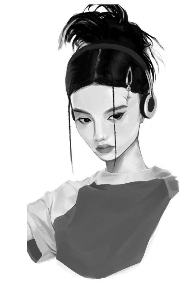 Grayscale digital portrait study of a girl with an updo, hair clips, and headphones