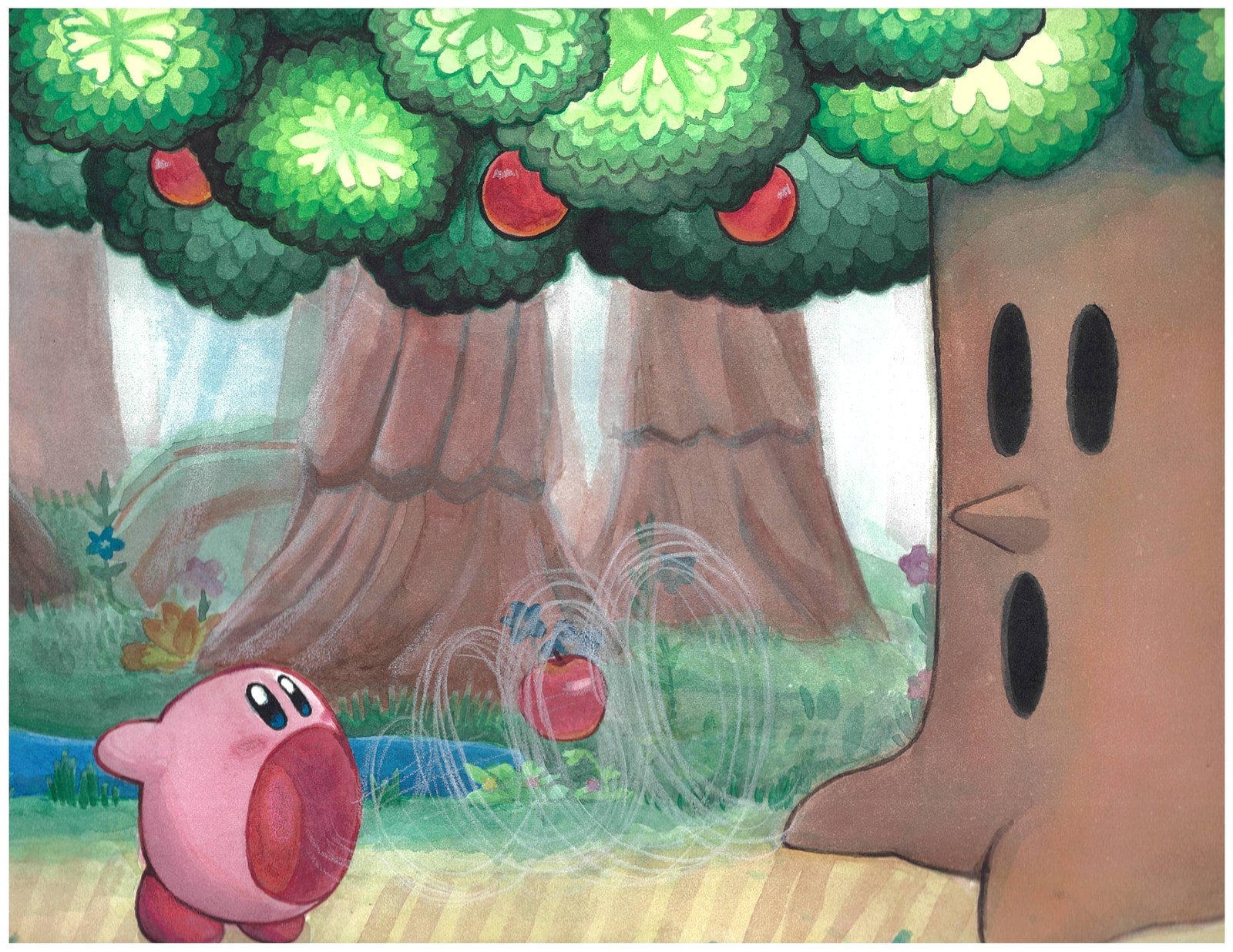 Traditional painting of Kirby inhaling apples in front of Whispy Woods