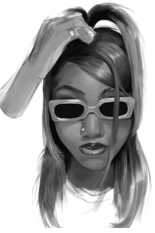 Grayscale digital portrait study of a girl in rectangular sunglasses with a hand resting on her head